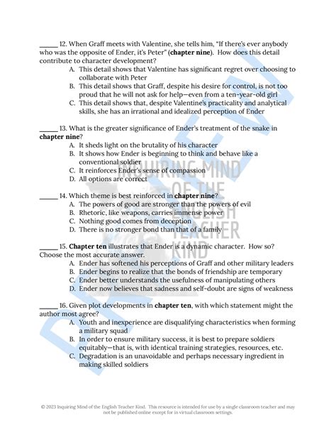 Ender's Game Chapters 9 and 10 Close Reading Analysis Worksheet