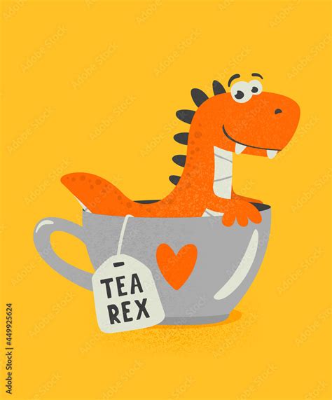 Vector Cute And Funny Textured Cartoon Dinosaur In Tea Cup Mug With