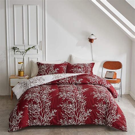 Flysheep Red Tree Christmas Comforter Set Twin Size Burgundy And White