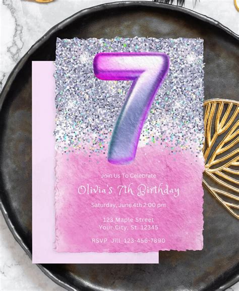 Editable Pink 7th Birthday Invitation Template Glitter Birthday Party