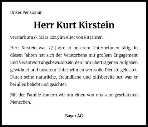 Traueranzeigen Von Kurt Kirstein WirTrauern