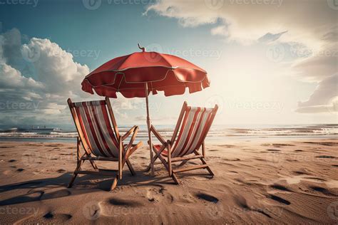 Beach Chairs On The White Sand Beach With Cloudy Blue Sky And Sun