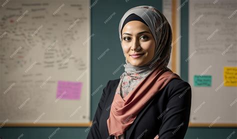 Une Femme En Hijab Se Tient Dans Une Salle De Classe Avec Un Tableau Blanc Derrière Elle Photo