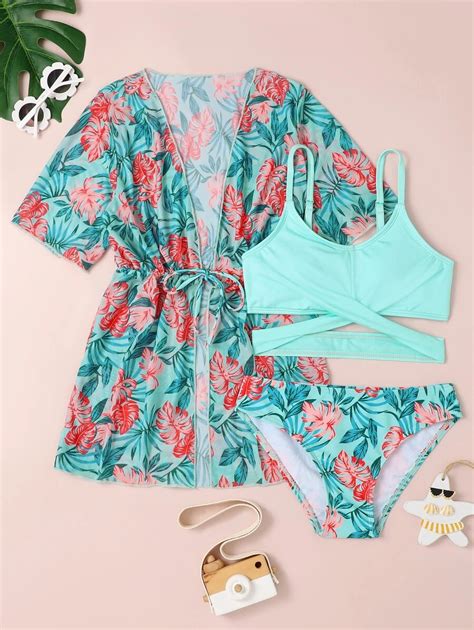 Tween Girl 3packs Leaf Print Bikini Set Kimono Summer Beach SHEIN