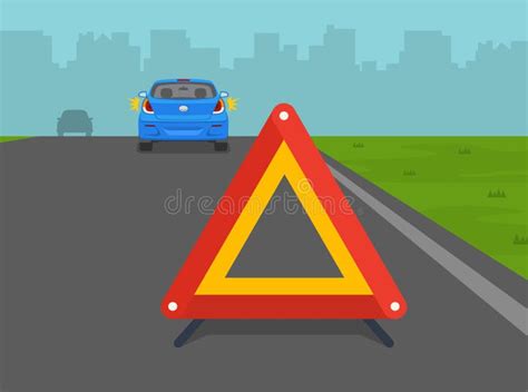 Broken Down Car on Highway with Warning Sign. Back View Stock Vector ...