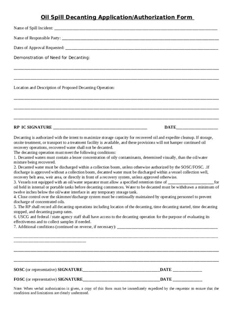 Oil Spill Decanting Application Authorization Doc Template PdfFiller