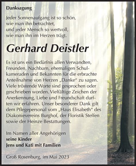 Traueranzeigen Von Gerhard Deistler Abschied Nehmen De