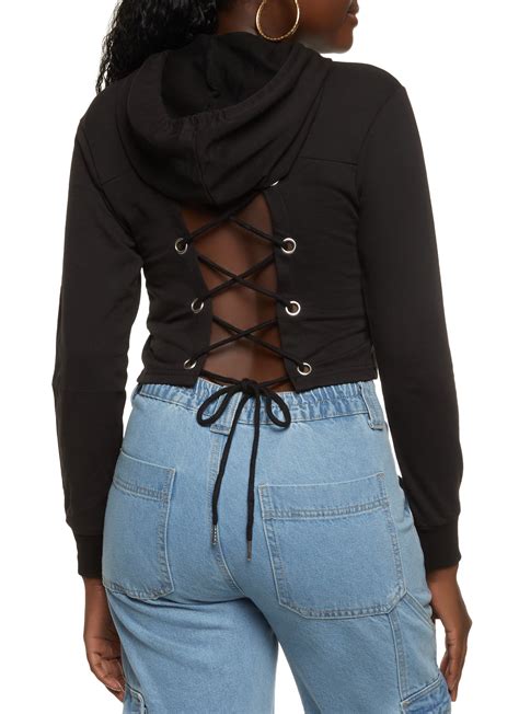 Lace Up Back Pullover Cropped Hoodie