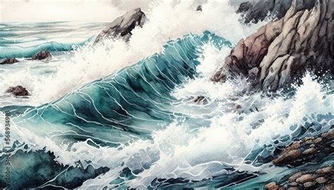 Watercolor sea storm with huge waves hitting rocks, Generative AI ...