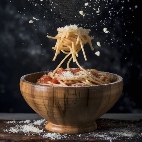 Pasta With Parmesan And Tomato Sauce In A Wooden Bowl Floating