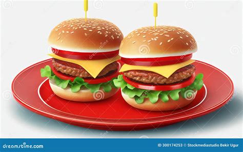 Layered Illusions Photorealistic Hamburgers On A Red Plate Stock