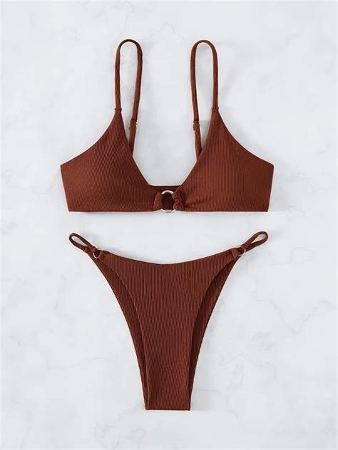 Rib Knit Texture Ring Linked Bikini Sets Line Side High Cut Temu