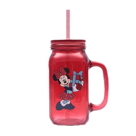 Tarro Disney Con Tapa Lisa Y Popote Vidrio Dise O Minnie Mouse Ml