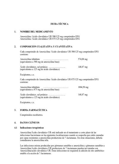 FICHA TÉCNICA Amoxicilina Acido clavulánico UR 500 125 mg comprimidos