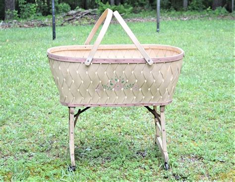 Vintage Baby Bassinet Basket Weave On Wheels Folding Wooden Etsy