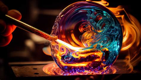 Glass Blower Forming Beautiful Piece Of Glass A Glass Crafter Is Burning And Blowing An Art