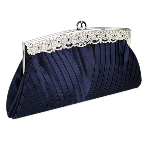 Navy Blue Satin Clutch Bag Diamante Wedding Prom Party Evening Ladies