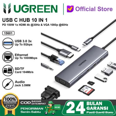 Jual Ugreen Usb Hub Type C To Rj45 Hdmi 4k Vga Sd Card Aux 35mm 15601