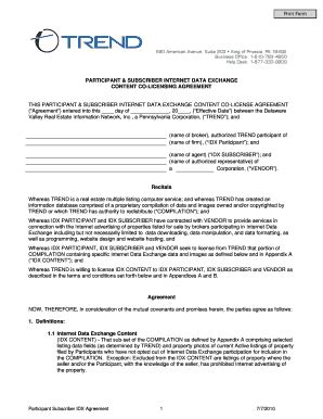 Fillable Online Participant Subscriber Idx Agreement Fax Email Print