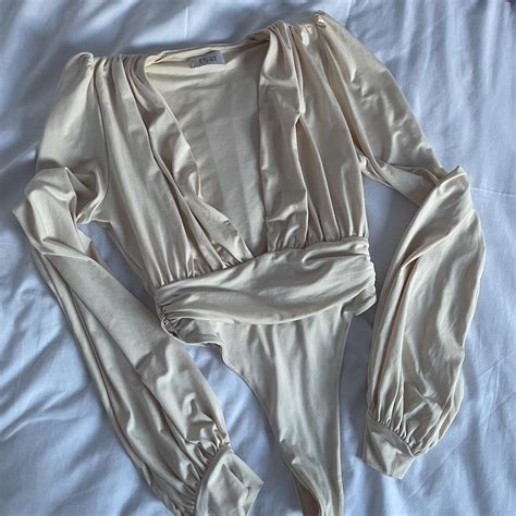 Oh Polly Cream Plunge Bodysuit Long Sleeves Worn Depop