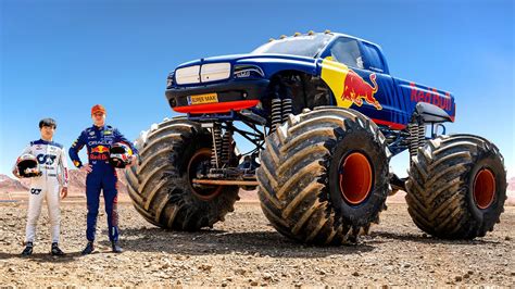 F1 Drivers Race Huge Mega Trucks Max Verstappen Vs Yuki Tsunoda