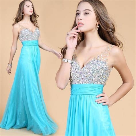 New Arrival V Neck Beading Ice Blue Long Prom Dresses 2016 A Line