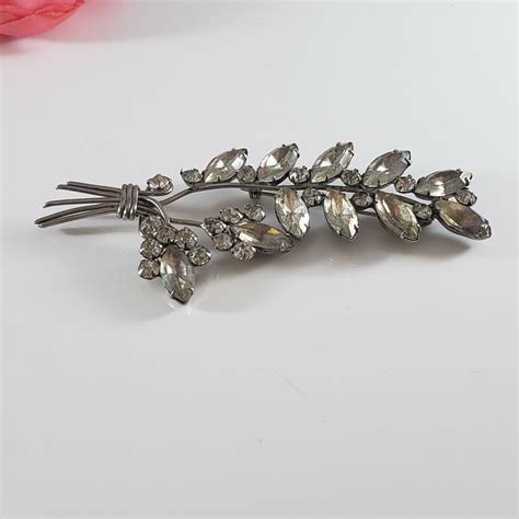 Vintage Retro Brooch Pin Clear Crystals Flower Spray Silver Tone