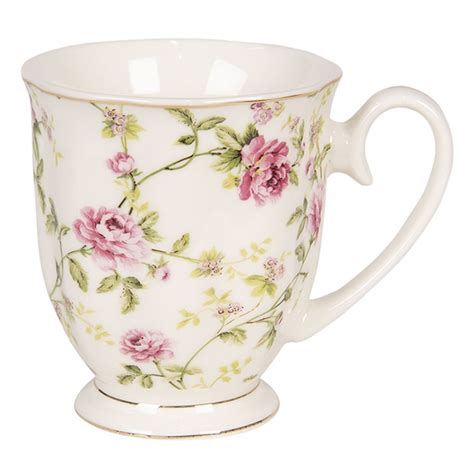 6CE0838 Mug 200 ml Blanc Porcelaine Fleurs Rond Mug de café