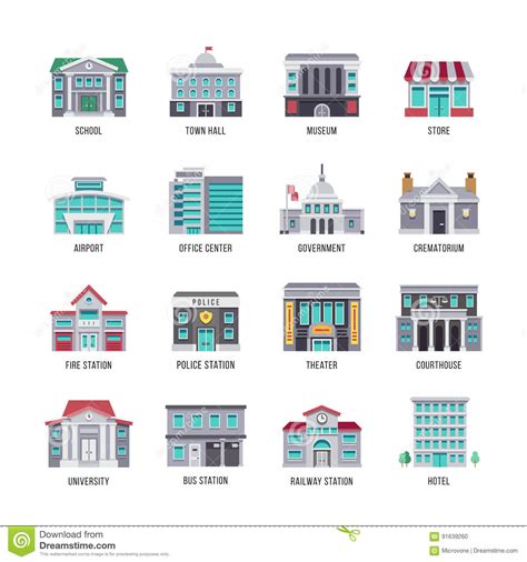 Iconos Planos Del Vector De Los Edificios Del Gobierno Fijados Ilustración Del Vector