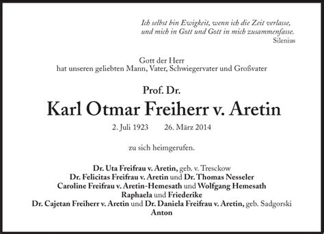 Traueranzeigen Von Karl Otmar Freiherr V Aretin Sz Gedenken De