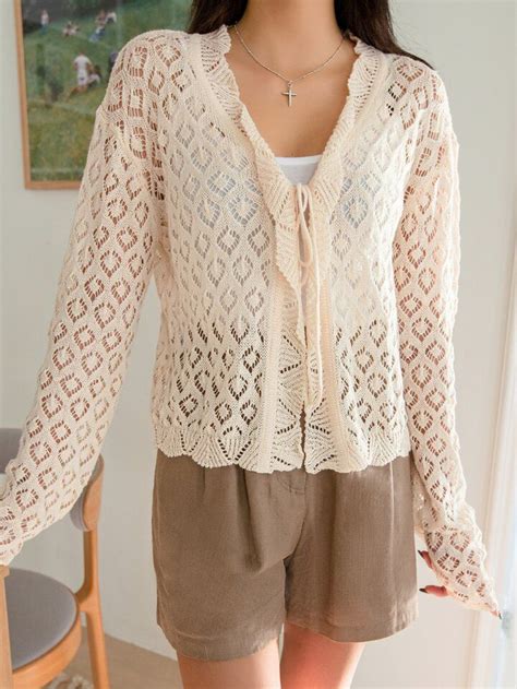 Dazy Pointelle Knit Drop Shoulder Knot Front Cardigan Shoulder Knots