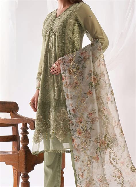 Buy Embroidered Stones Green Faux Georgette Pakistani Suit Party Wear