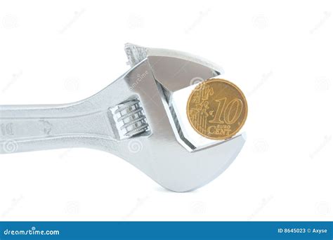 Steel Wrench With Coin Isolated On White Stock Image Image Of Chrome