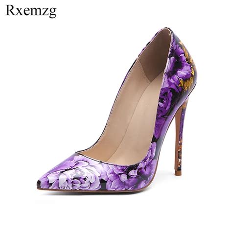 Rxemzg Patent Leather Elegant Printing Flowers Purple Pumps Pointed Toe