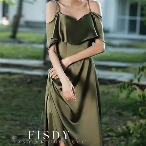 Fisdy Elegante Vestido Plisado De Cuello En V En Verde Con Elegante