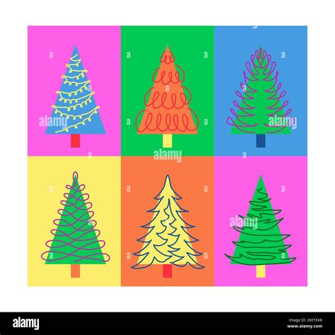 Christmas Pine Tree Pop Art Pattern One Continuous Line Art Color