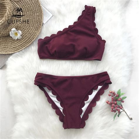 CUPSHE Burgundy Solid Tank Bikini Set Women Wavy Edge One Shoulder