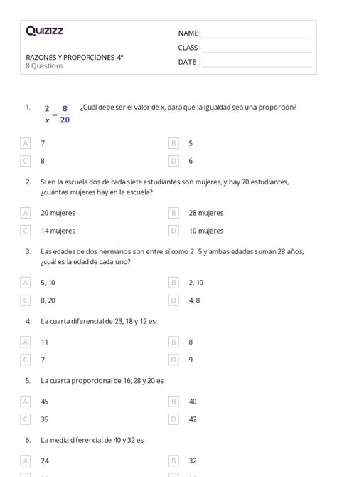 Porcentajes Razones Y Tasas Hojas De Trabajo Para Grado En