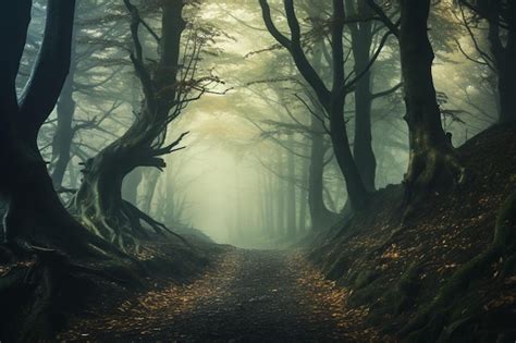 Premium AI Image | A path in a foggy forest with a path leading to the ...