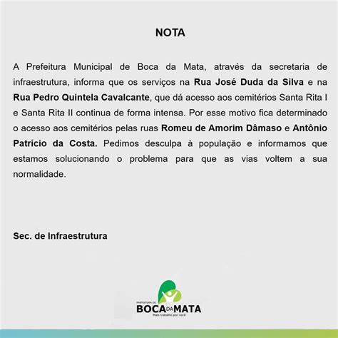 Nota De Esclarecimento Prefeitura De Boca Da Mata