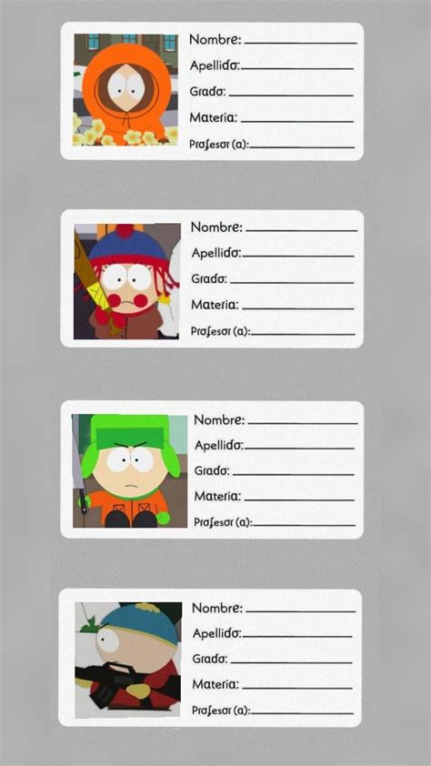 South Park Kenny Stan Kyle Cartman Membretes Para Cuadernos