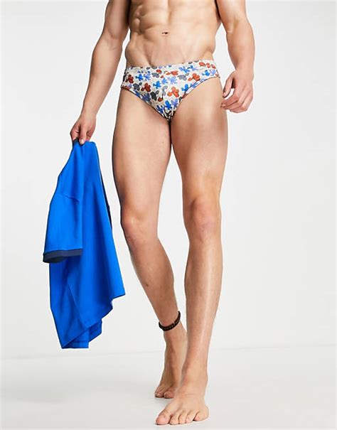 Asos Design Swim Briefs In Cream Floral Print Asos