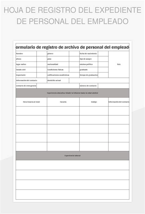 Plantilla De Formato Excel Hoja De Registro Del Expediente De Personal