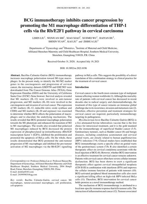 Pdf Bcg Immunotherapy Inhibits Cancer Progression By Promoting The M