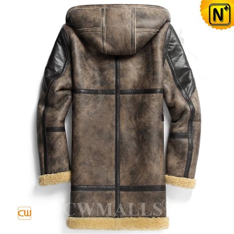 Cwmalls® Distressed Sheepskin Leather Hooded Coat Cw808350