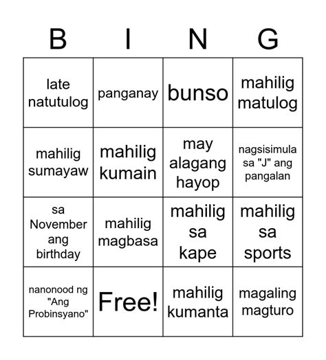 Filipino Bingo Card