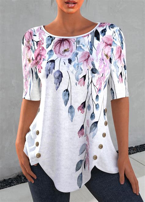 Rotita Decorative Button Petal Hem Floral Print T Shirt Rotita