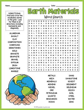 Earth Materials Word Search Puzzle Worksheet Activity Vocabulary