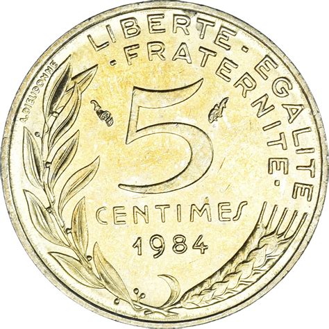 Coin France Marianne 5 Centimes 1984 Paris Aluminum Bronze