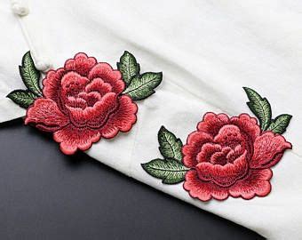 Red Embroidered Flower Applique Patchvintage Floral Patch For Etsy